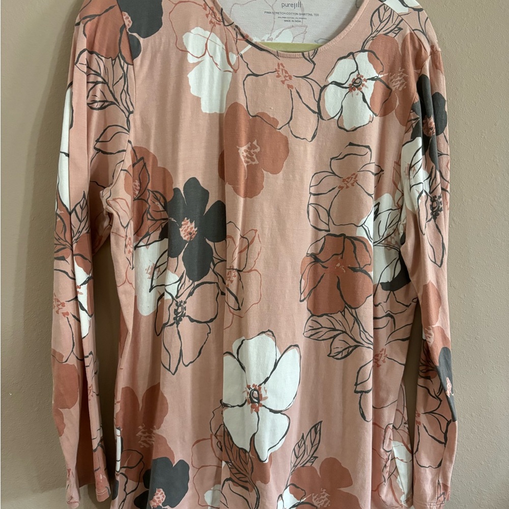 pureJill Pima Stretch Cotton Shirttail Tee - Size L - Pink Floral